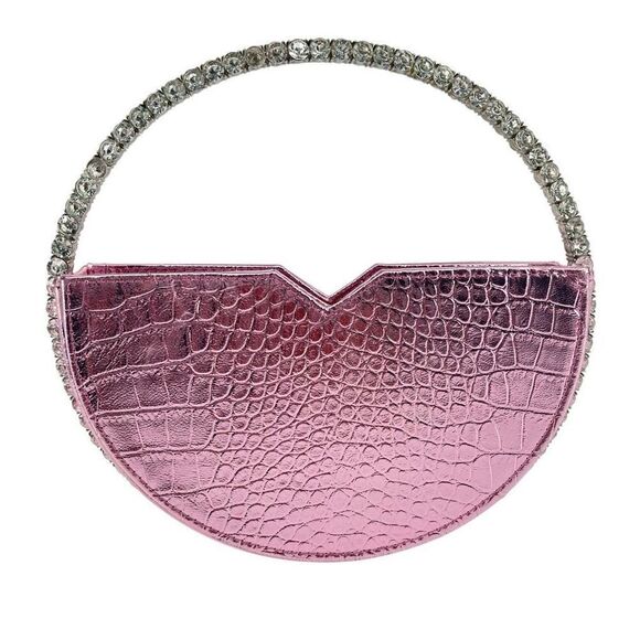 Akira Label Metallic Pink Mini Glam Bag Croc Embossed Rhinestone Handle - Picture 2 of 16